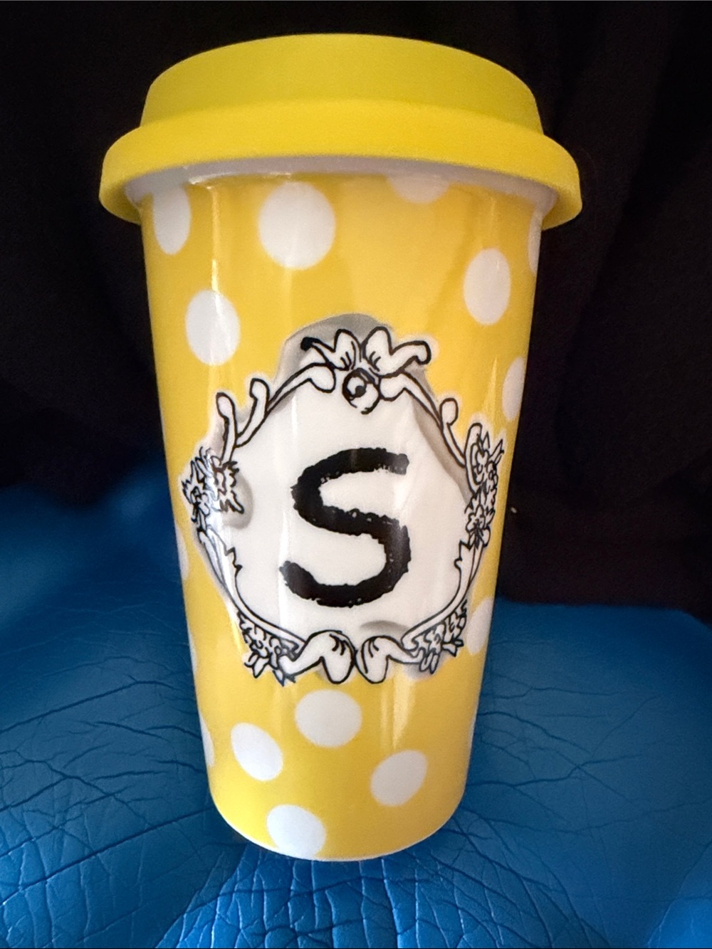 Yellow Polka Dot Monogram Travel Mug - 'S' glass tumbler